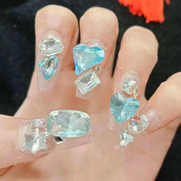 Qfdian 10pcs High Quality Handmade Press on Nails BLingBLing Blue Eyes Diamond of Duck Egg Korean Nail Art Accessories